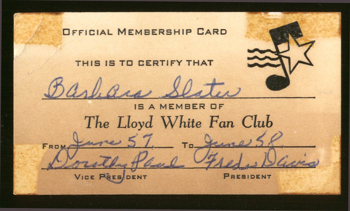 Lloyd White Fan Club Membership Card 1957-1958
