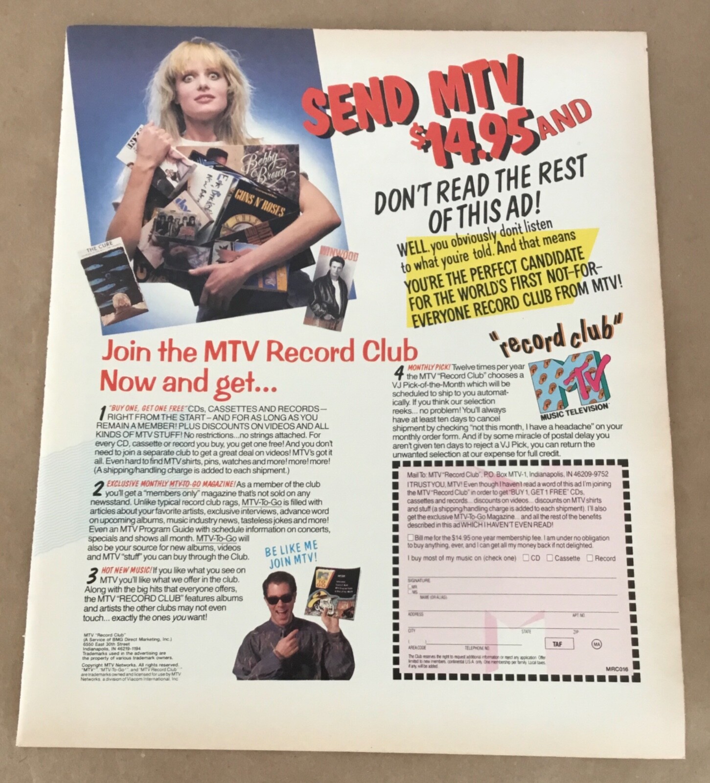 MTV Record Club 1989 Print ad video lrg promo retro 1980s decor Guns N Roses cds