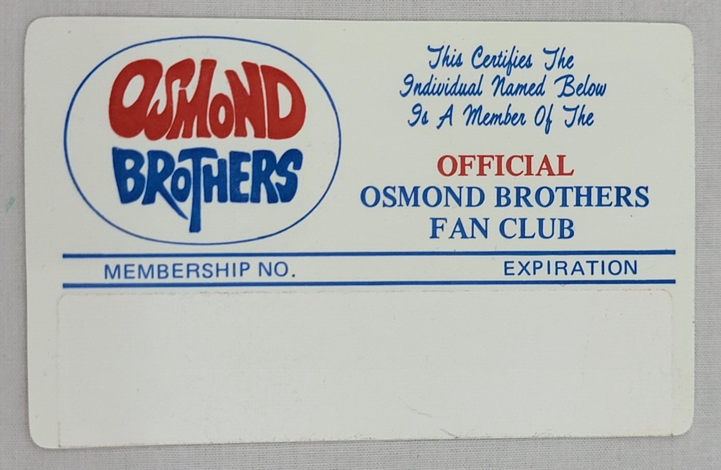 Osmond Brothers ~ Official Osmond Brothers Fan Club ~ Membership Card