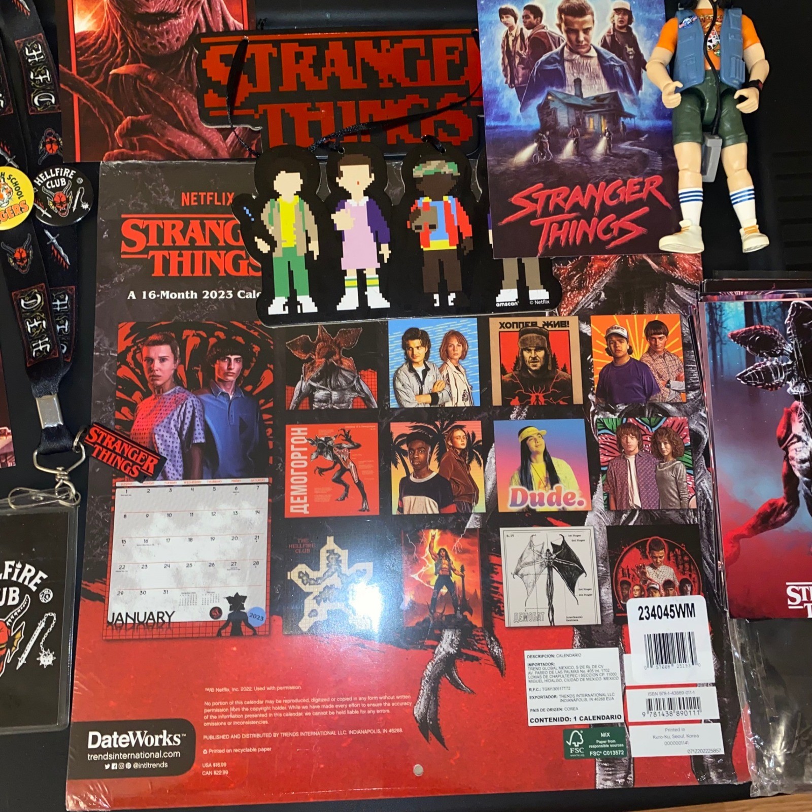 Stranger Things Bundle Dustin Action Figure 2023 Calendar Hellfire Club Lanyard