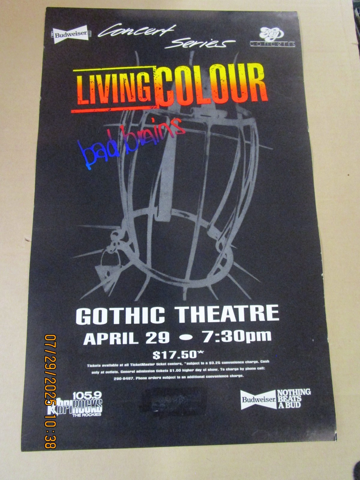 LIVING COLOUR BAD BRAINS Flyer/Poster Gothic Theatre April 29, 1993 Denver, Co.