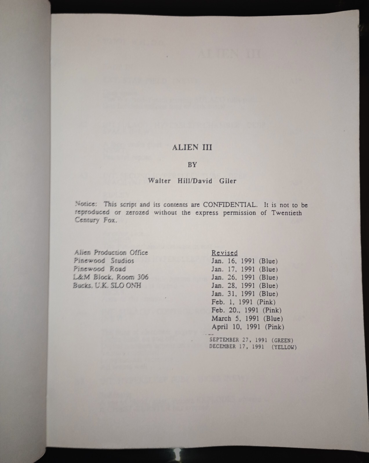 ALIEN 3 Rare Production Reshoot Script Walter Hill David Fincher Screenplay 1992