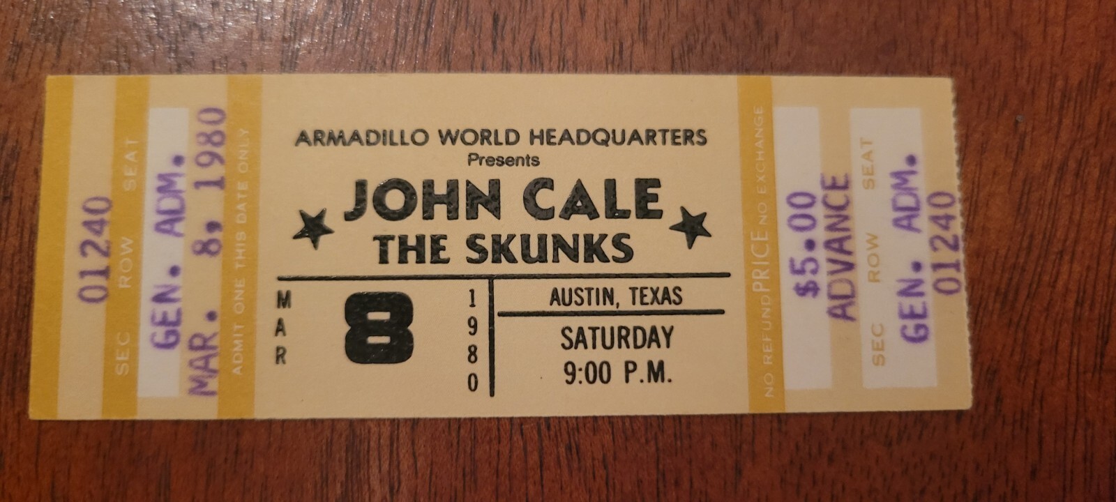 1980 Vintage unused concert ticket – JOHN CALE – THE SKUNKS- great shape