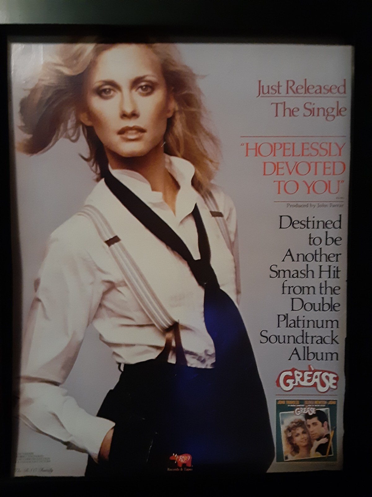 Olivia Newton John Hopelessly Devoted To You Grease Rare Promo Poster Ad Framed!
