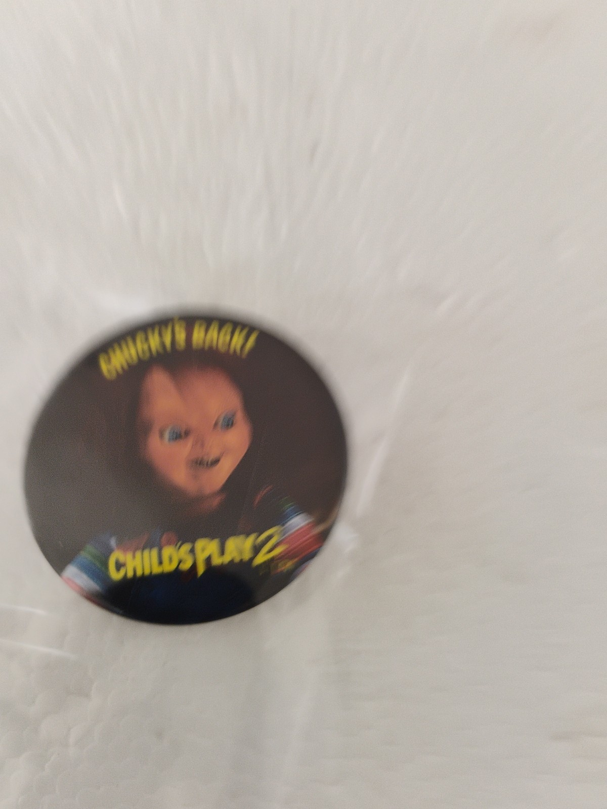 VINTAGE 1990 CHILD’S PLAY 2 MOVIE PROMO BUTTON CHUCKY BACK DOLL HORROR FILM PIN