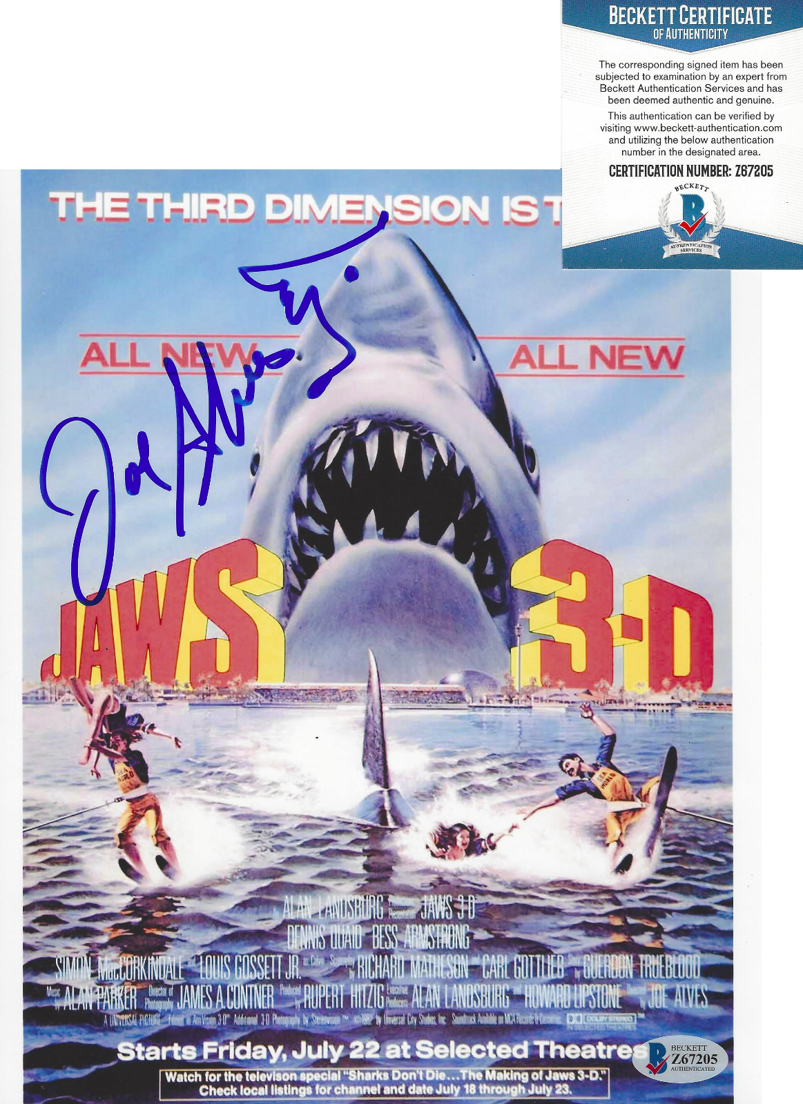 JOE ALVES SIGNED JAWS 3-D 8×10 MOVIE PHOTO SHARK SET DESIGNER BECKETT BAS COA