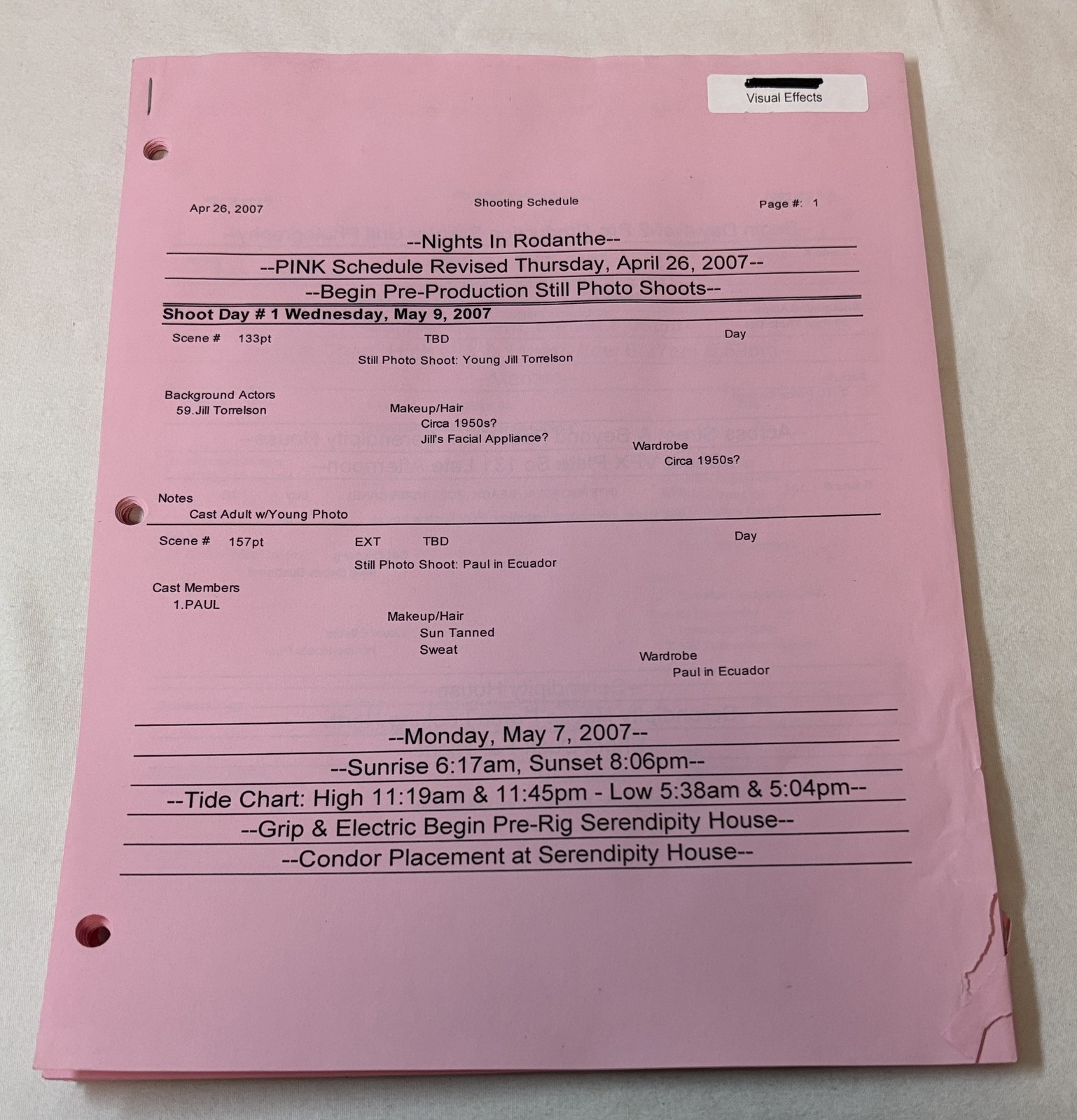 2007 NIGHTS IN RODANTHE original movie SHOOTING SCHEDULE ~ pink