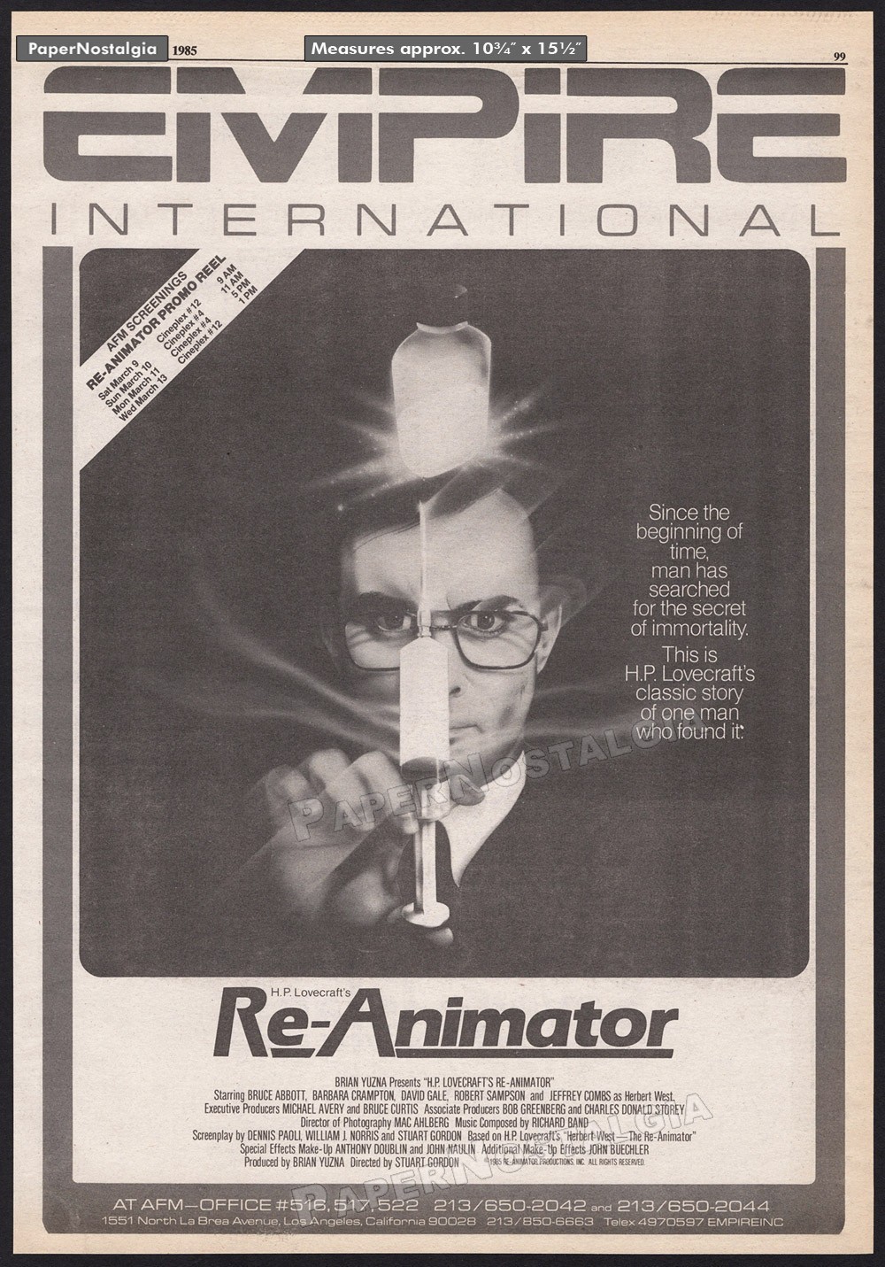 RE-ANIMATOR – Original 1985 Trade AD / poster – Jeffrey Combs – Stuart Gordon