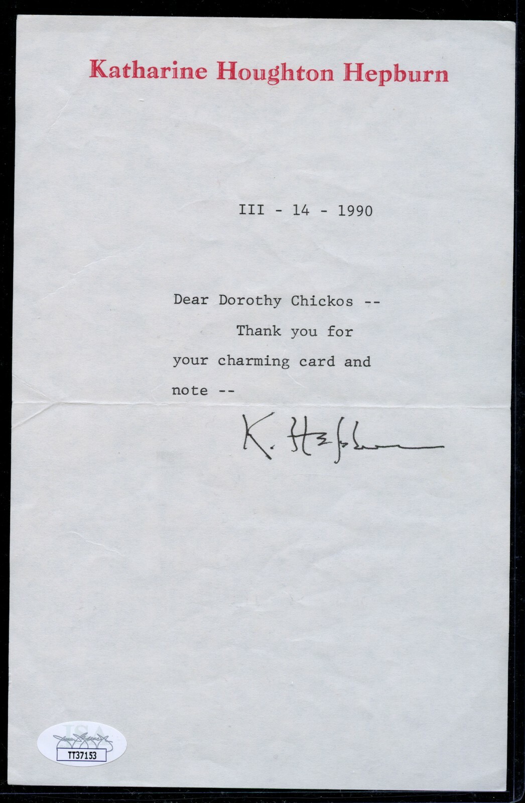 Katharine Hepburn signed autograph 5×7 Letterhead paper dated 1990 JSA Certified