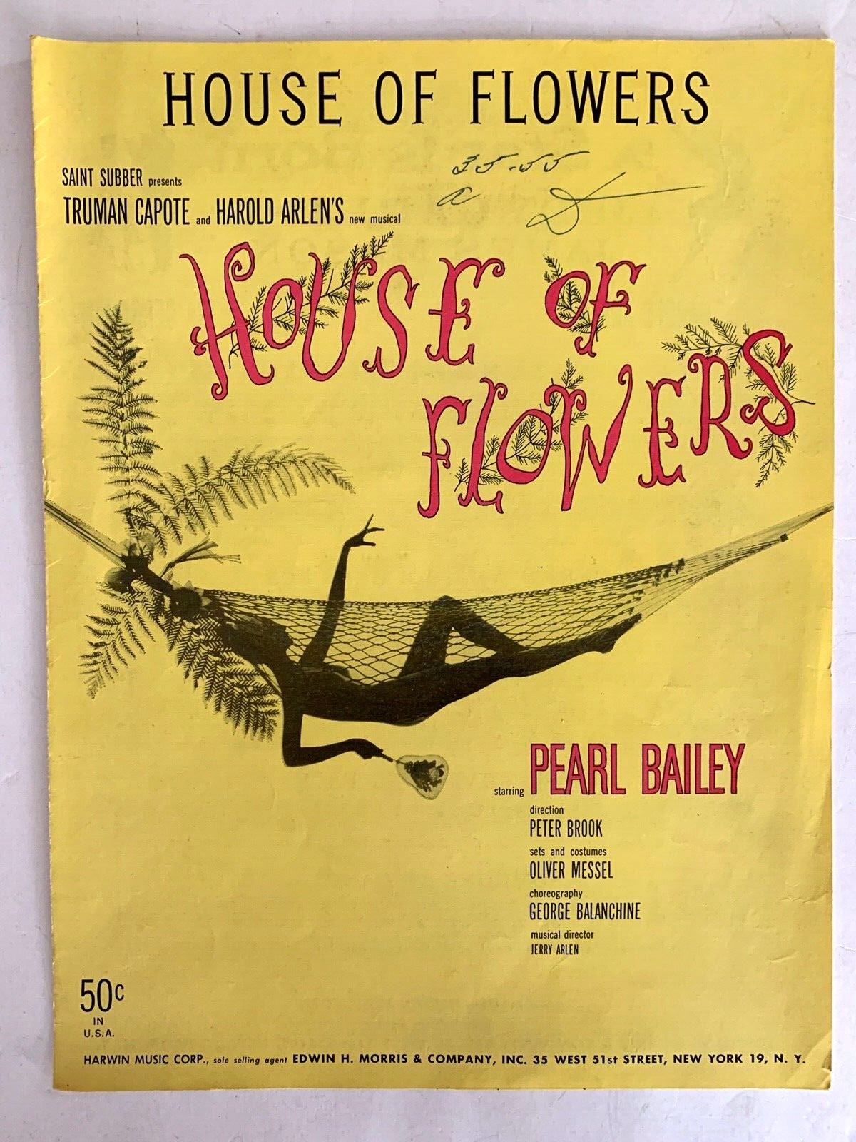 Pearl Bailey House of Flowers Harold Arlen / Truman Capote 1954 Sheet Music