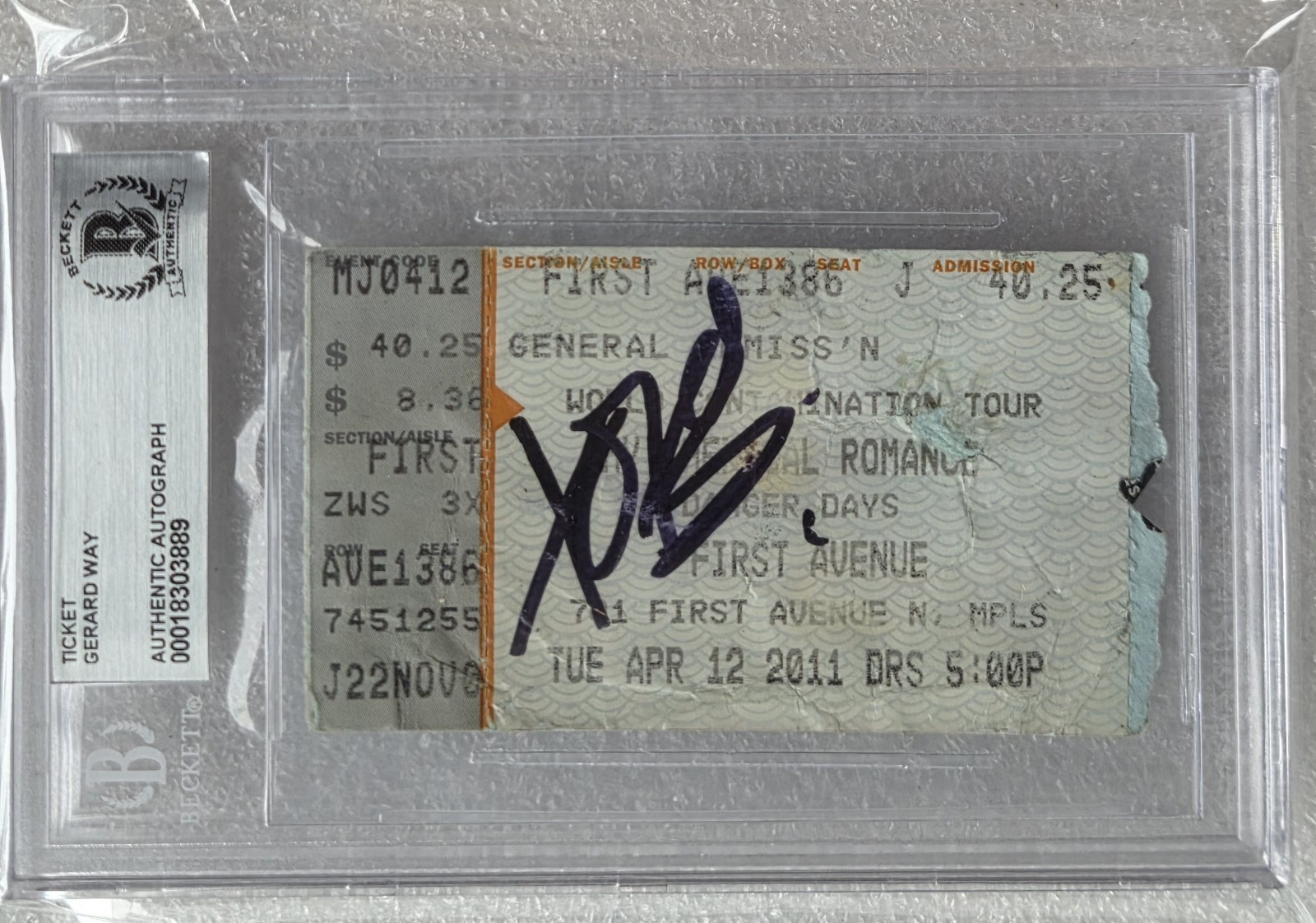 GERARD WAY SIGNED TICKET BECKETT BAS COA AUTOGRAPHED SLABBED MY CHEMICAL ROMANCE