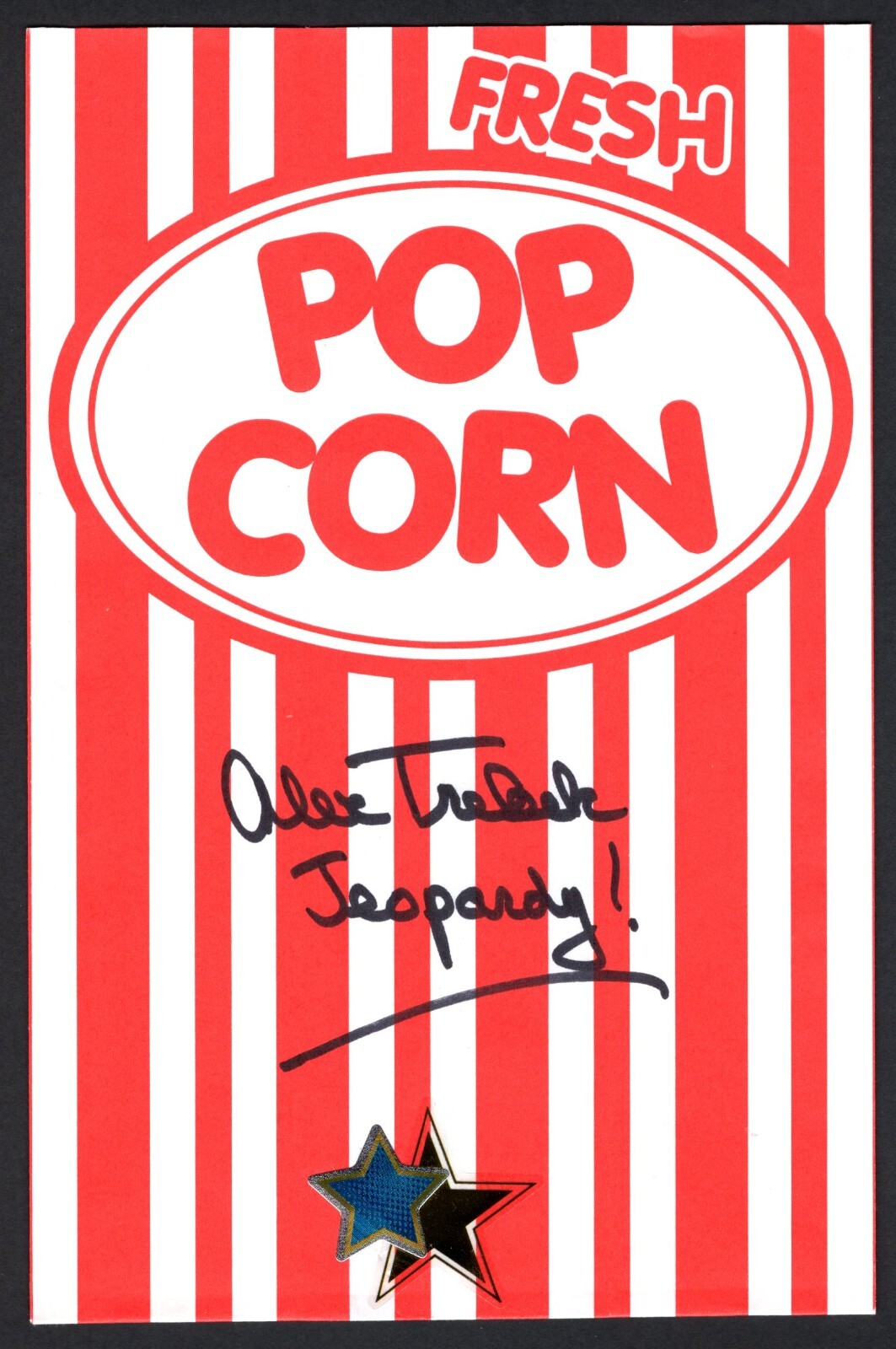 Alex Trebek Jeopardy Game Show Host Signed Autograph 5×7.5 Popcorn Bag