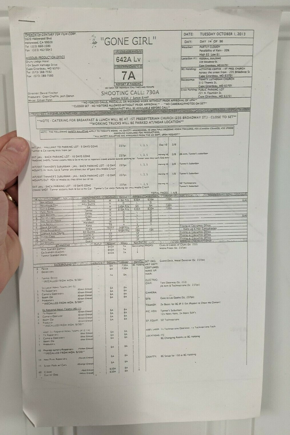 Gone Girl Movie Call Sheet & Revisions 2013 Shooting Call Cape Girardeau MO
