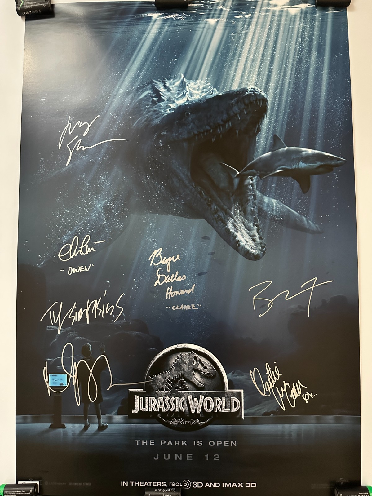 Jurassic World Signed Movie Poster 19.6×28.7 7 Autographs Chris Pratt COA