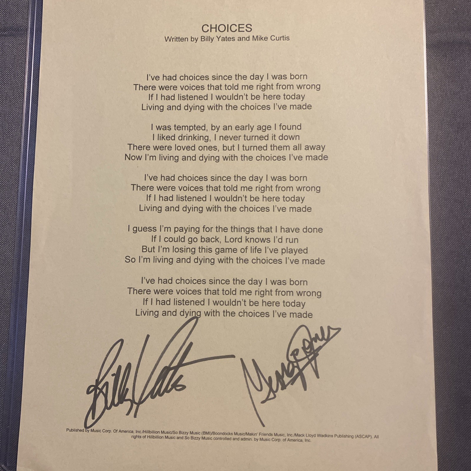 Rare Billy Yates George Jones “CHOICES” Lyric Sheet Signed Autographed JSA