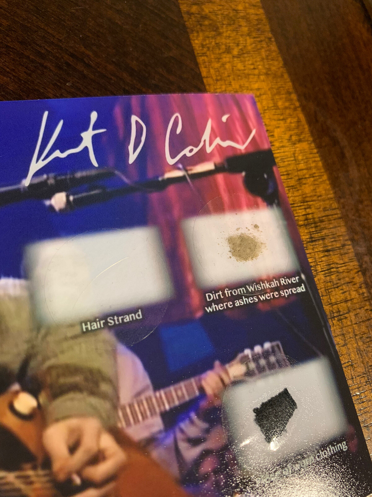 Kurt Cobain Nirvana hair strand speck relic & Worn Piece Dirt Photo Display