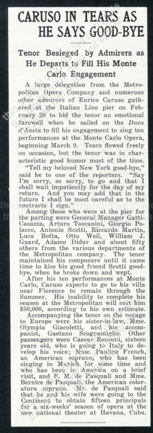 1915 Enrico Caruso leaves NY Metorpolitan Opera for Monte Carlo vintage article