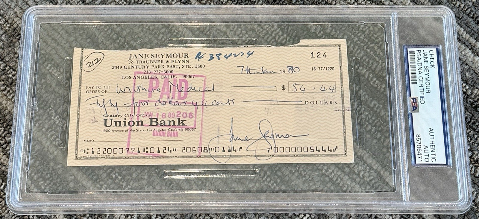 Jane Seymour Signed Autograph 1980 Authentic Bank Check PSA/DNA Encapsulated