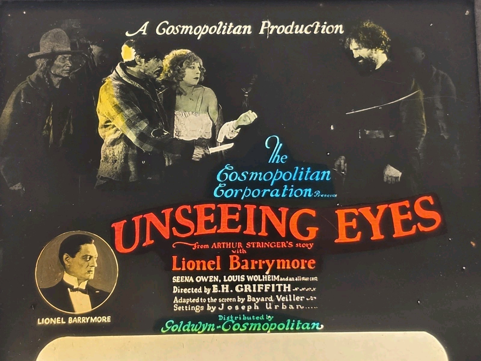 Vintage 1923 “Unseeing Eyes” Lost Film Magic Lantern Glass Slide L. Barrymore