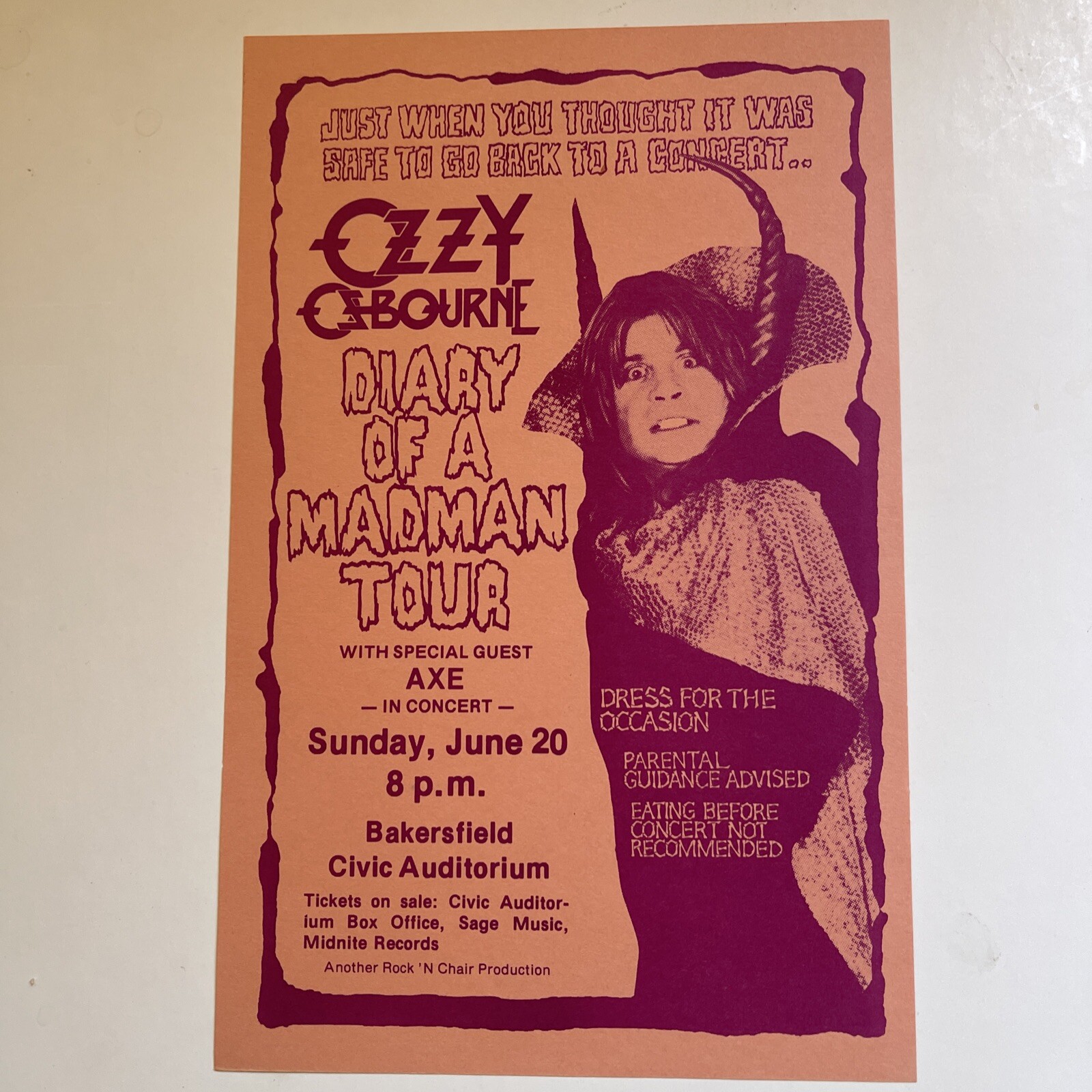1982 Ozzy Ozbourne Diary Of A Madman Tour Bakersfield Ca. Handbill, June 20