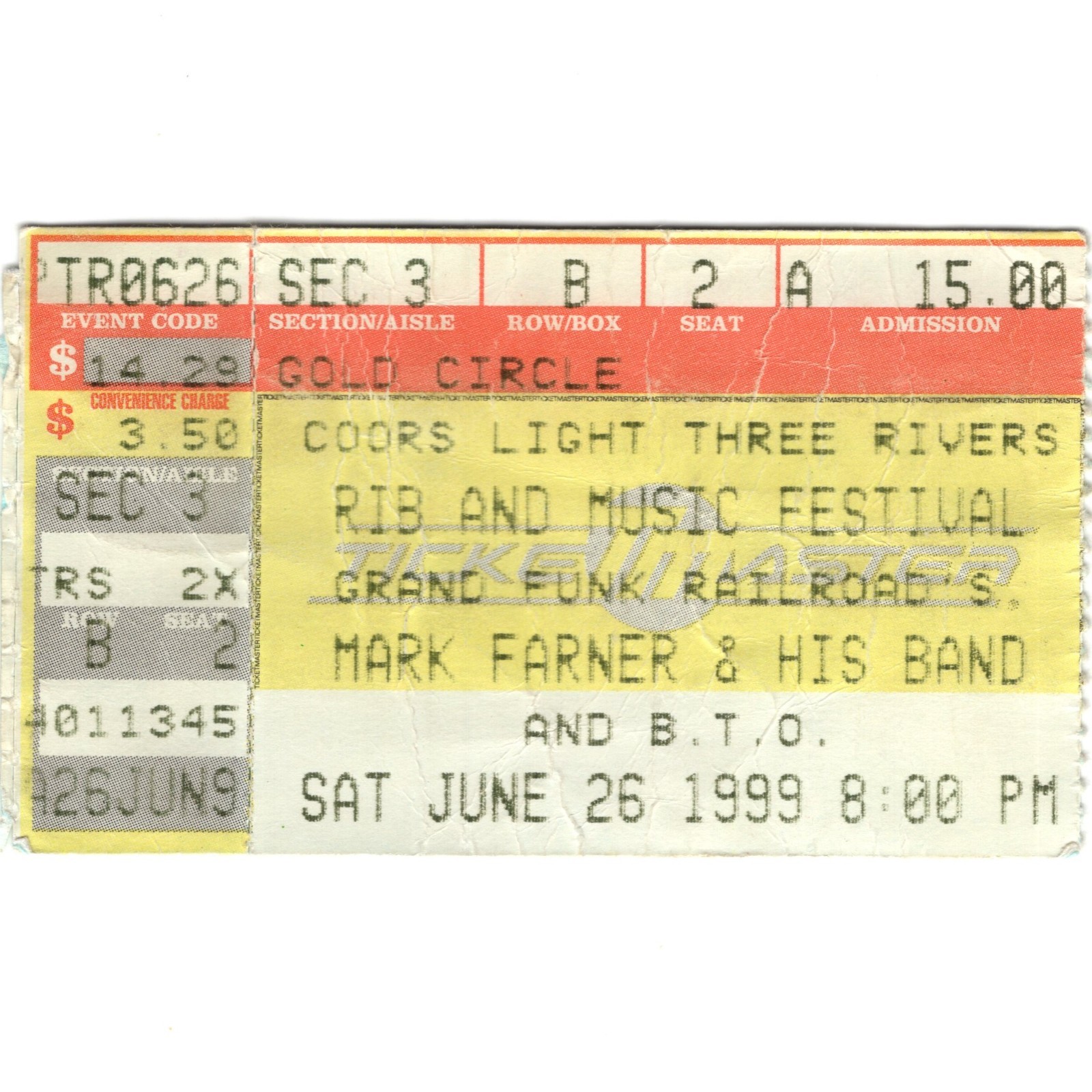 GRAND FUNK RAILROAD & BTO Concert Ticket Stub PITTSBURGH 6/26/99 RIB FEST Rare