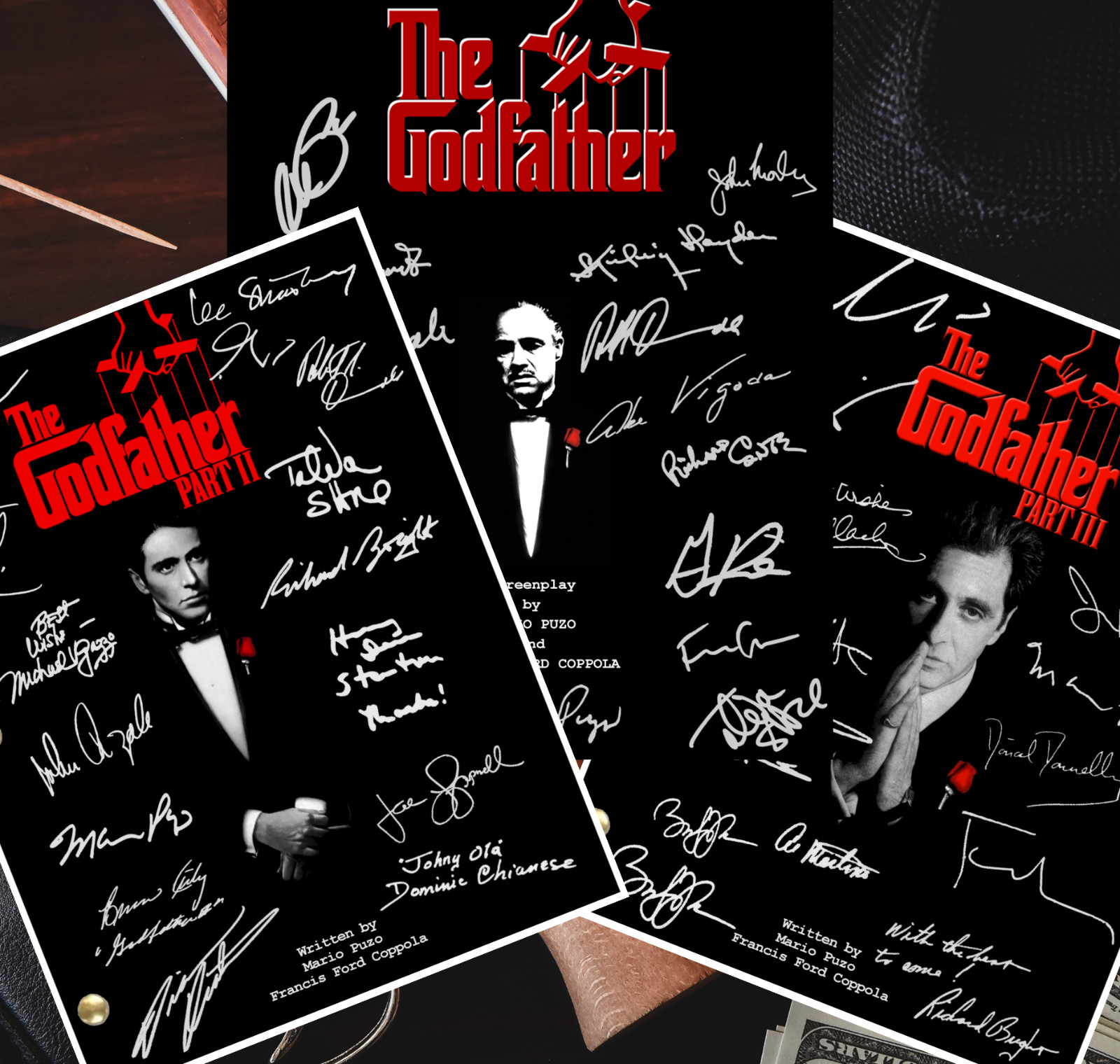 The Godfather Trilogy Scripts Signed- Autograph Reprints- 3 Scripts
