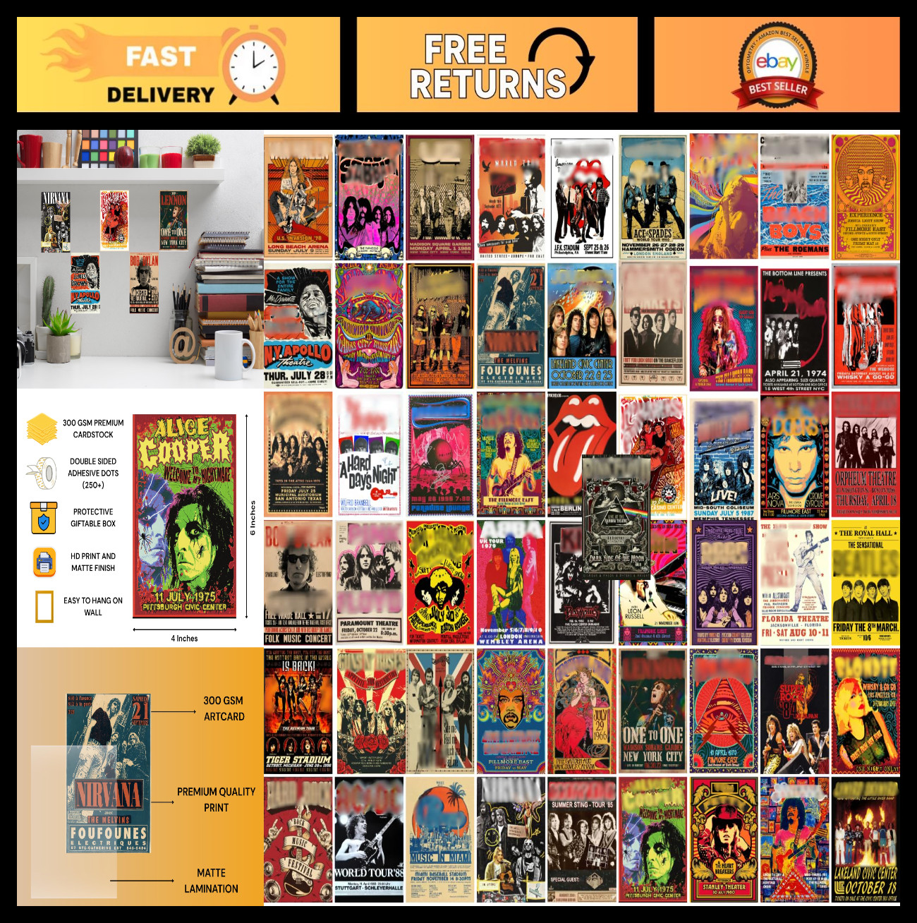 56 Pcs Vintage Rock Band Posters Wall Collage Kit – 4×6 Inch, Matte Finish, Glue