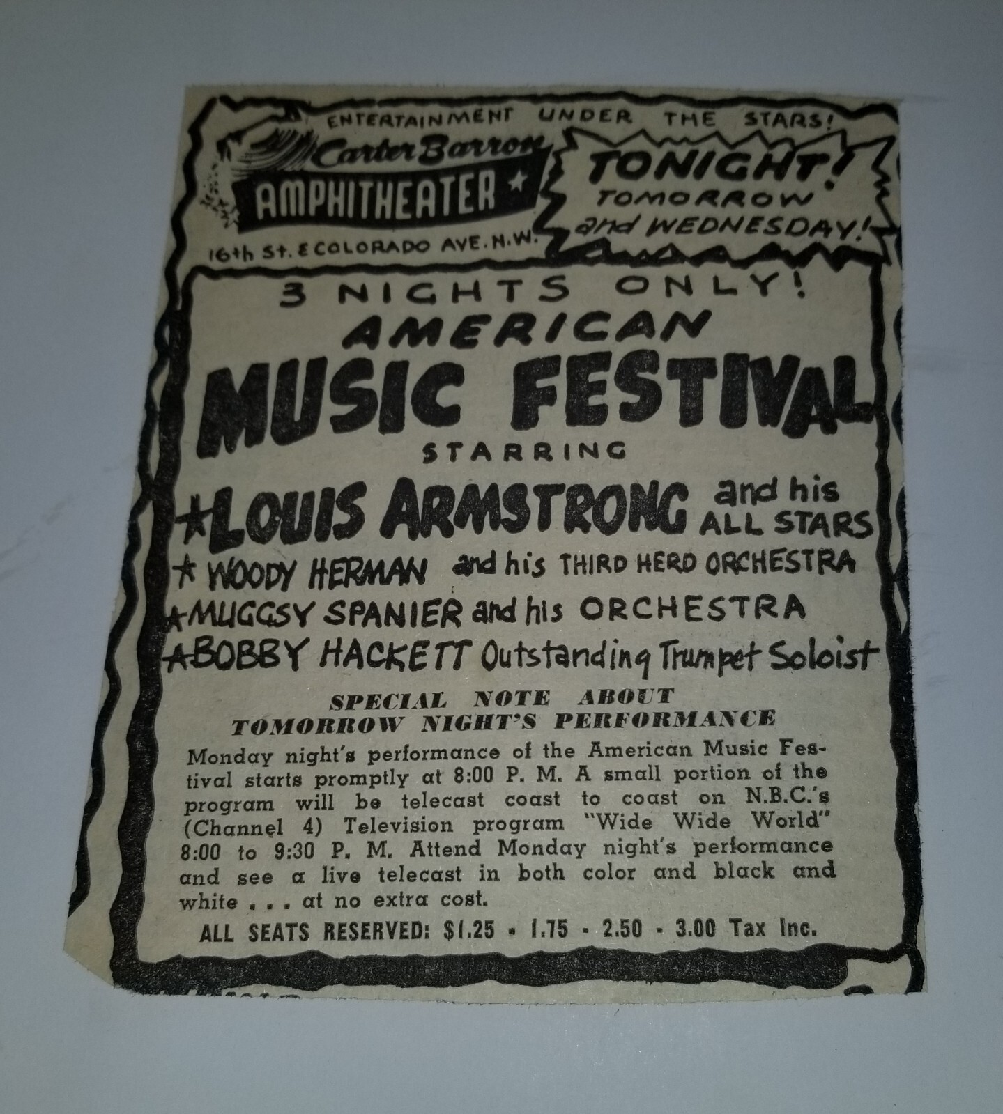 LOUIS ARMSTRONG 1955 TOUR PROGRAM W/ ticket stub Cater Barron Wash. D.C.