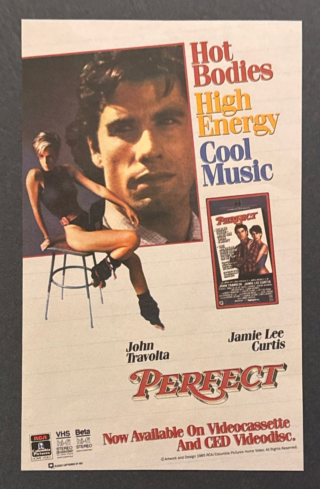 1985 John Travolta Jamie Lee Curtis “Perfect” Video Movie Release promo print ad