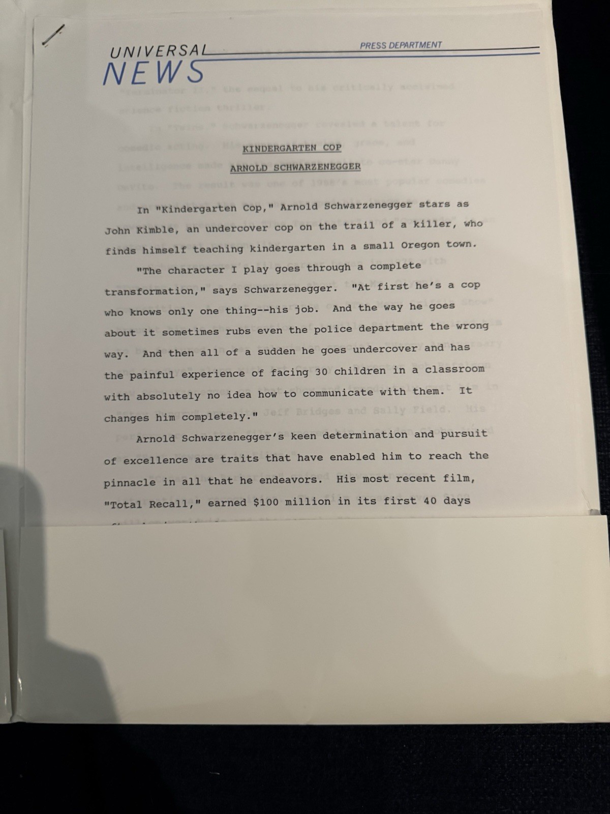 Kindergarten Cop Press Kit – Arnold Schwarzenegger, Dir. Ivan Reitman