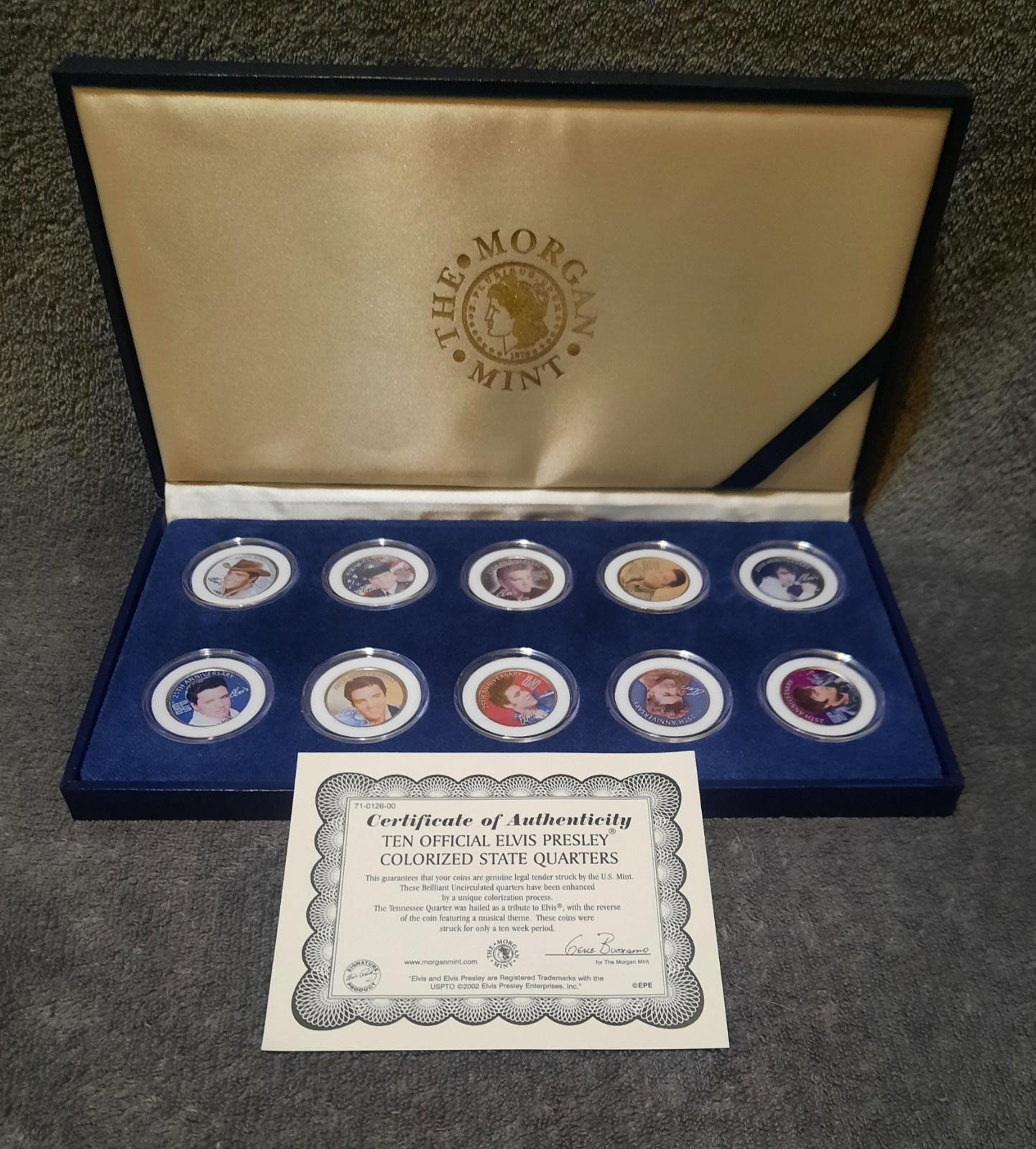Elvis Presley 10pc Coin Set Colorized quarters with coa in box, Morgan Mint