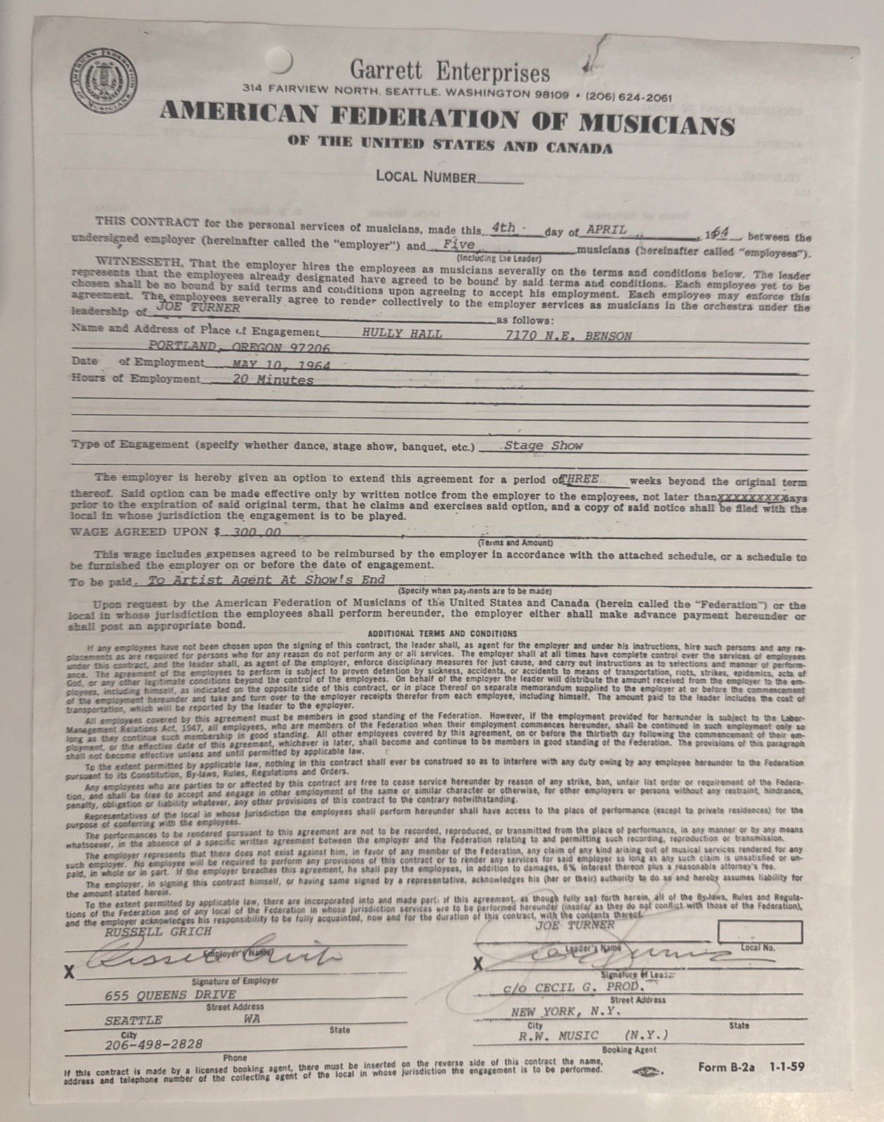1964 Joe Turner Signed AFM Musician Contract Blues Band Leader Autograph
