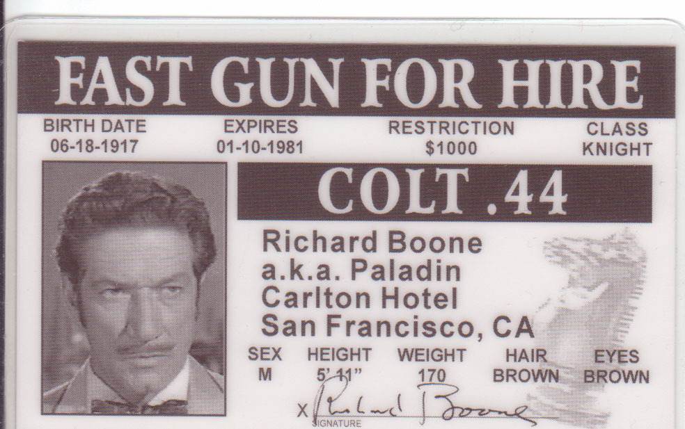 Richard Boone – HAVE GUN WILL TRAVEL western actor plastic Drivers License
