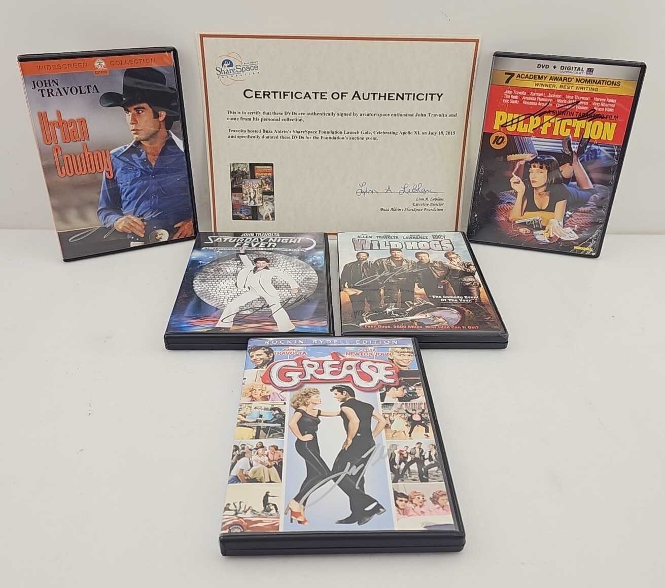 John Travolta Signed Collection of 5 DVD’s with COA, SpaceShare Buzz Aldrin