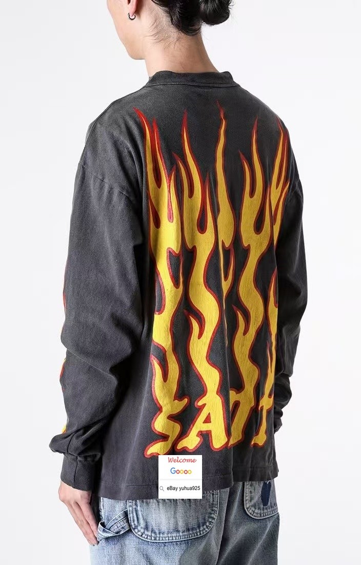 VINTAGE SAINT LS TEE FIRE FLAME T SHIRT HIGH STREET HIP HOP LONG SLEEVES TOP TEE