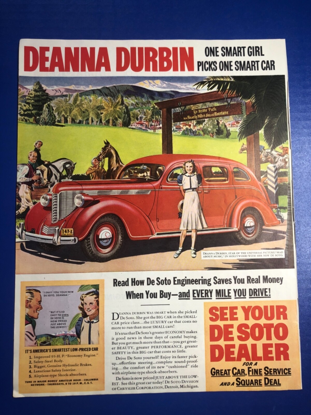 1930’s Deanna Durbin “Mad About Music” movie print De Soto car auto ad 13.5×10.5