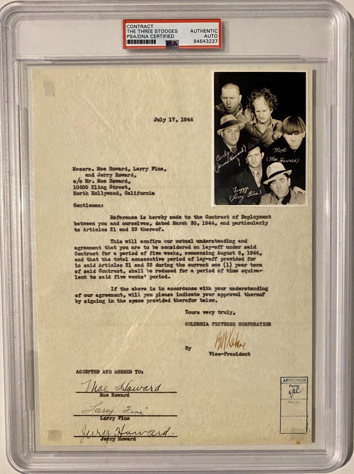 Three Stooges Signed Columbia Pictures Contract – Curly, Moe & Larry – PSA