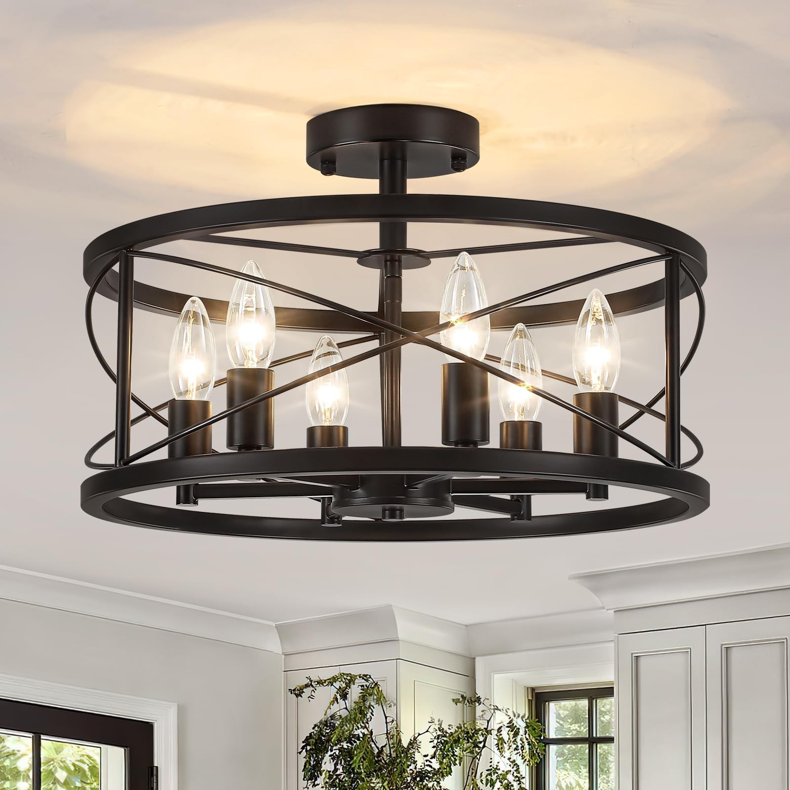 TOULMJ 6-Light Black Semi Flush Mount Ceiling Light, 16.53” Modern Entryway …