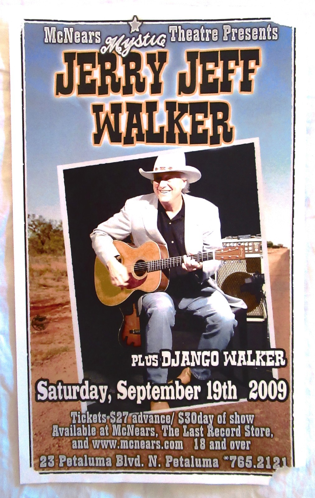 JERRY JEFF WALKER Concert Poster McNEARS MYSTIC THEATRE September 19, 2009 Rare