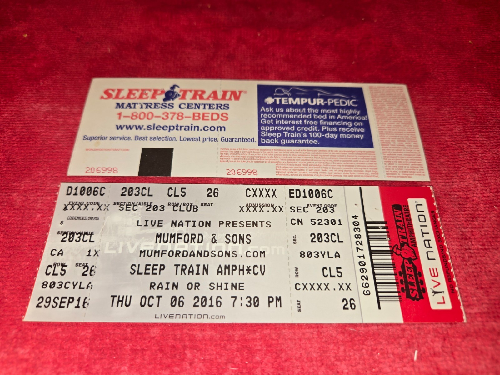 VINTAGE CONCERT FULL UNUSED TICKET FOR MUMFORD & SONS OCT 6 2016 SAN DIEGO