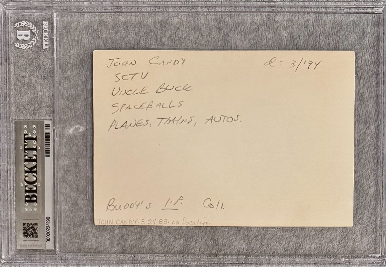 JOHN CANDY Signed Autographed 4×6 INDEX CARD Uncle Buck BECKETT CERTIFIED 1983
