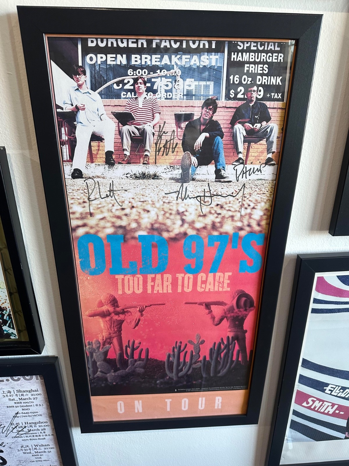 Old 97’s autographed “Too far to Care” Framed Poster 16″ Wide x 32″ High