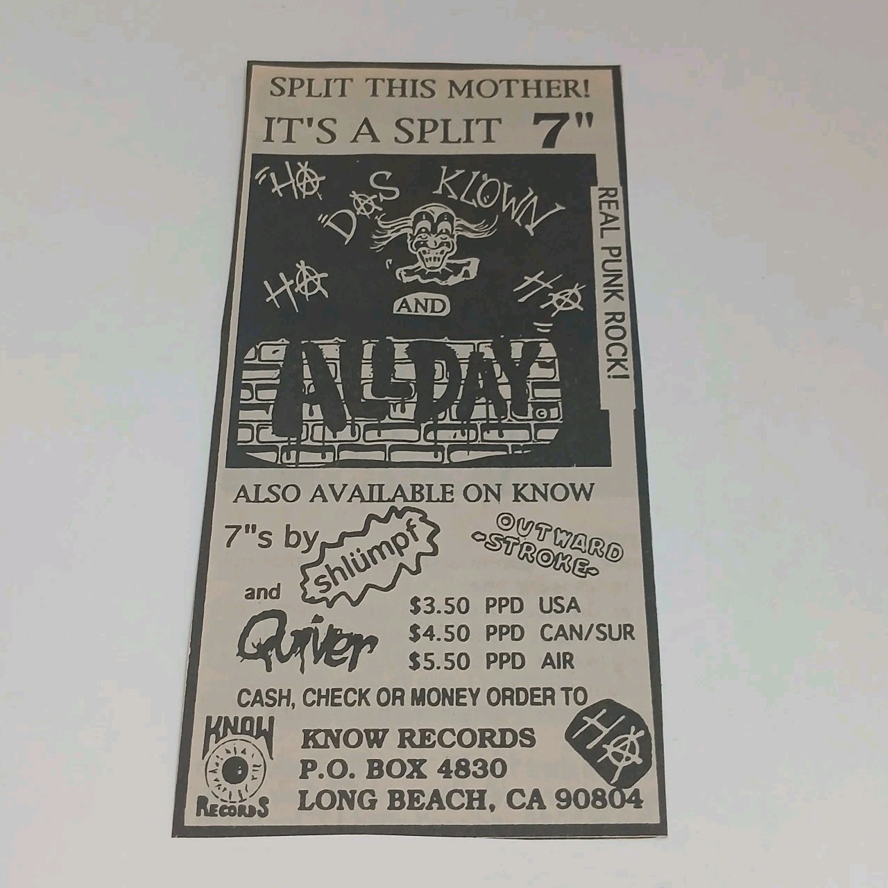 All Day Das Klown Split 7 Promo Flyer Know Records Punk Hardcore 90s Pennywise