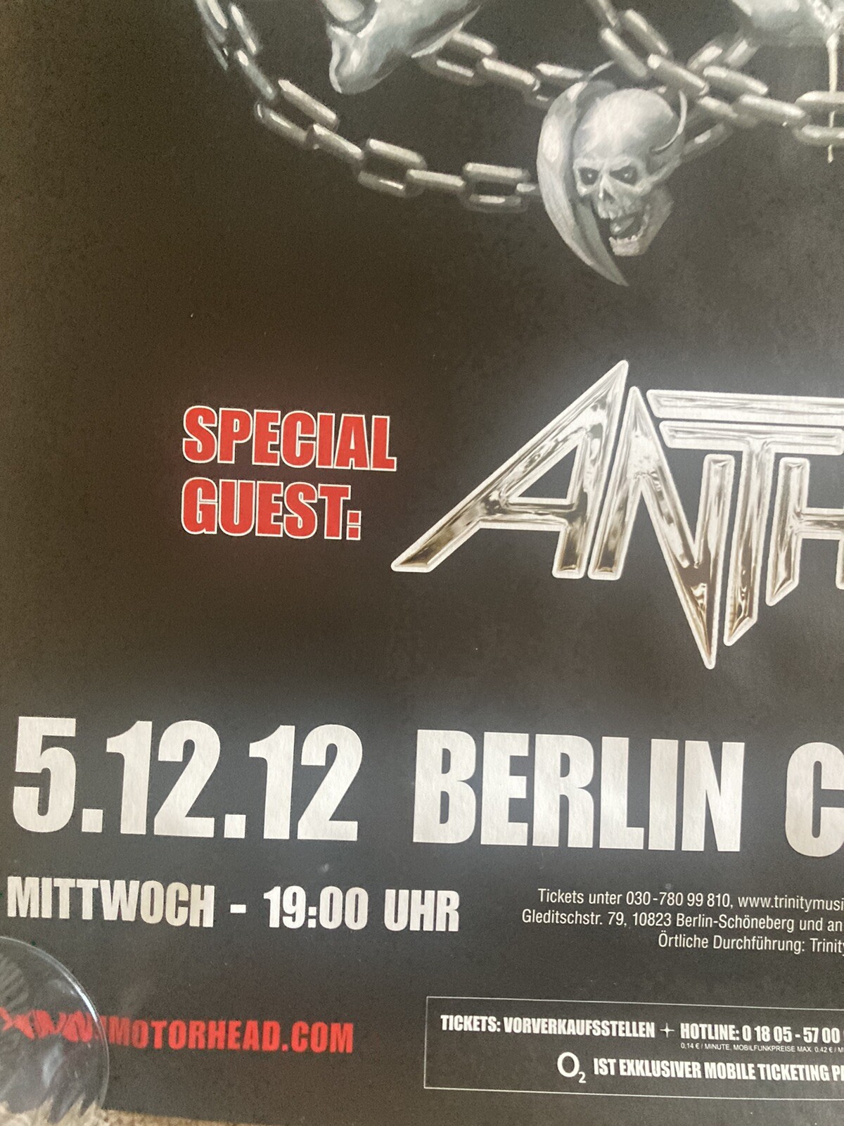 Motörhead Poster Berlin 2012 With Anthrax 24×33.5” New Never Displayed