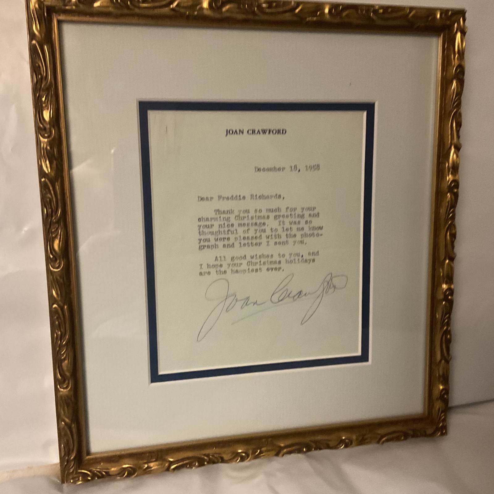 JOAN CRAWFORD SIGNED 10×11 Gold Framed Letter w/ Envelope on her Stationary 1958