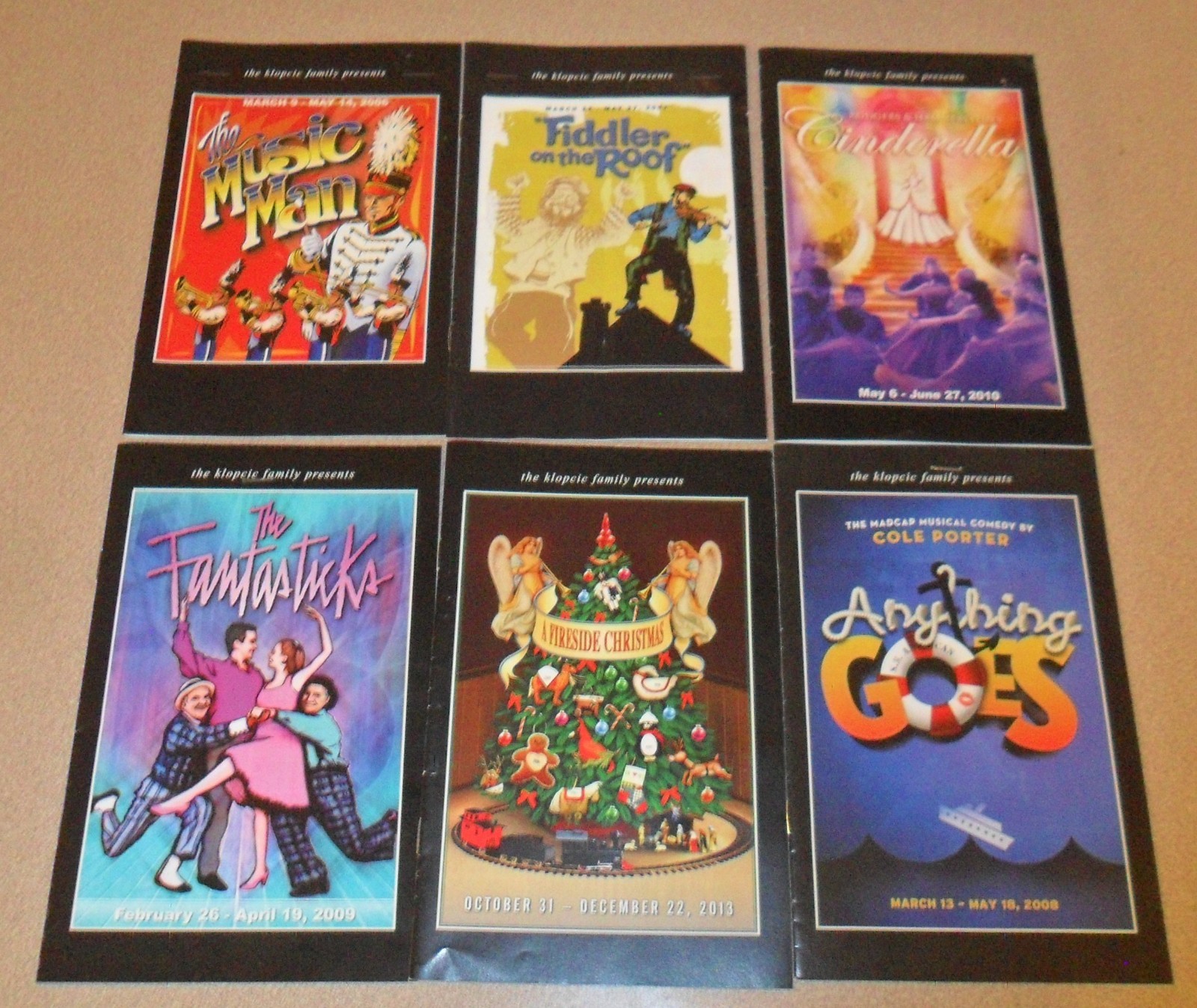 6 PLAYBILLS from THE KLOPEIC FAMILY PRESENTS: Cinderella, Anything Goes, Others