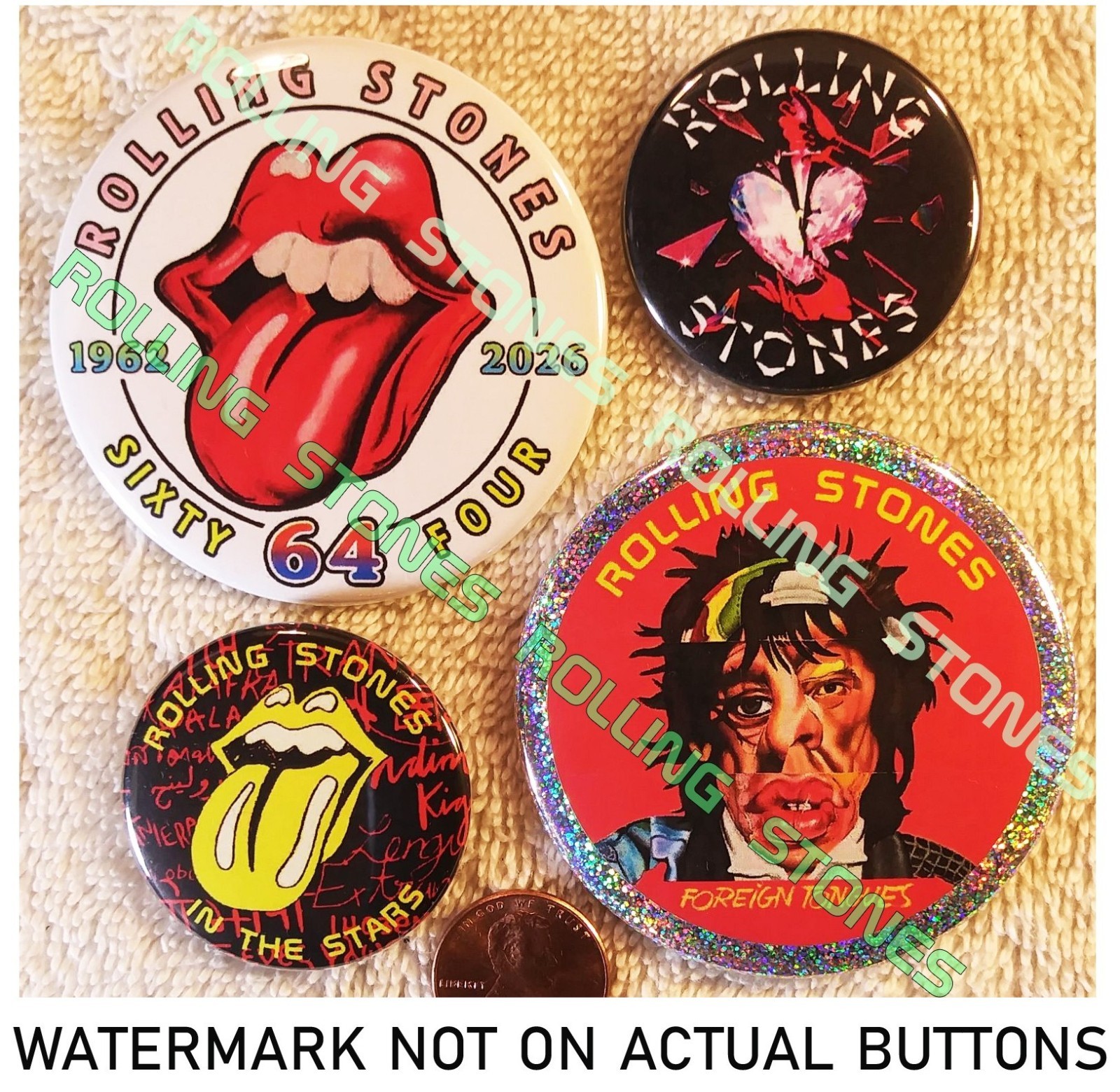 Rolling Stones PIN BUTTON LOT Foreign Tongues 64th Annv In The Stars not cd lp