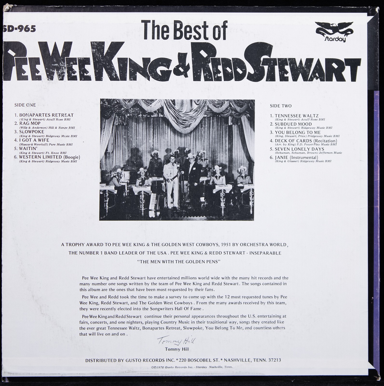 FRANK “PEE WEE” KING – RECORD ALBUM COVER SIGNED CO-SIGNED BY: REDD STEWART