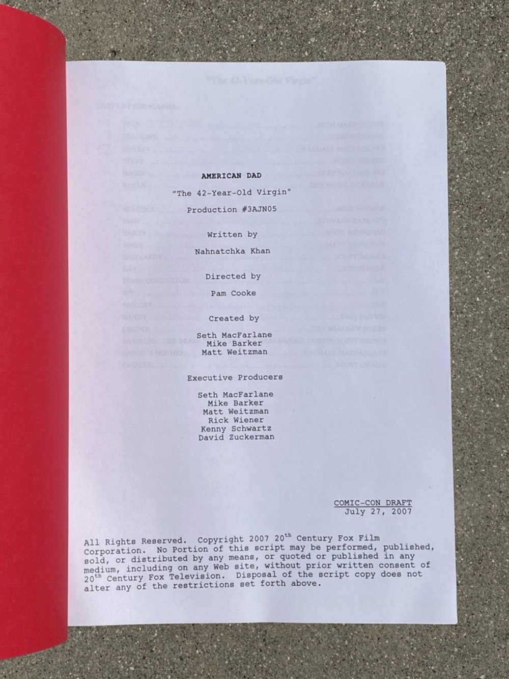 RARE American Dad Comic Con 2007 Panel Draft 42-Yr Old Virgin Production Script