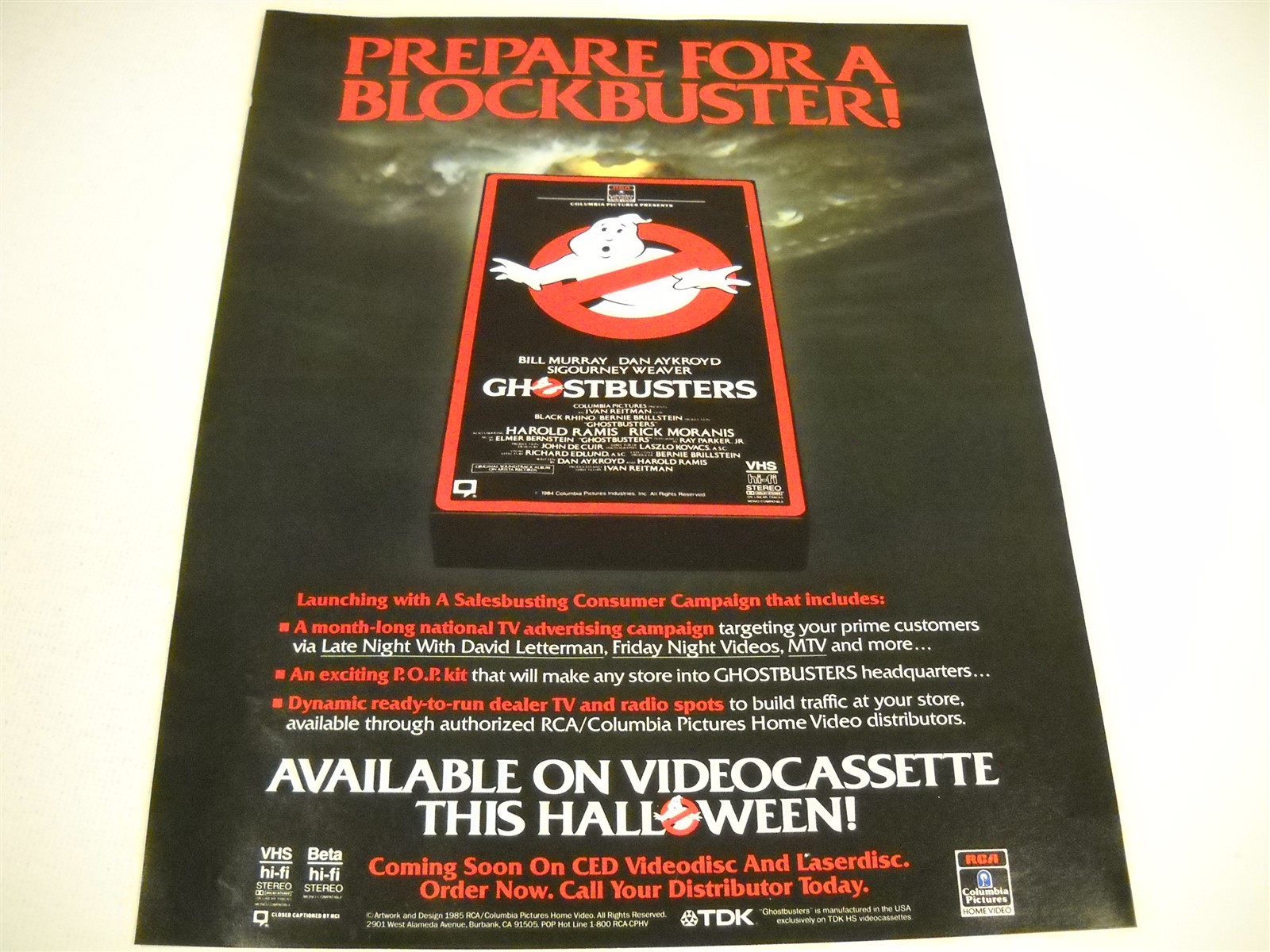 GHOSTBUSTERS Prepare For A Blockbuster original 1985 Promo Display Ad